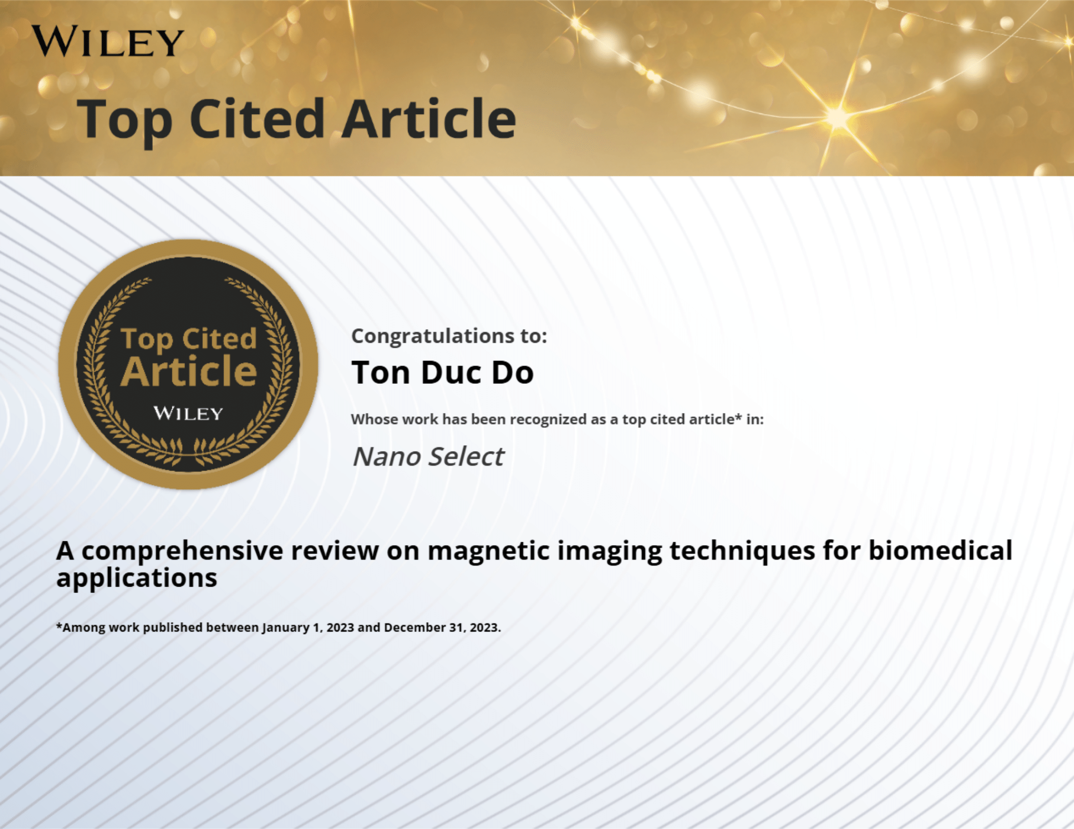 Our paper on Nano Select received the Top Cited Article in 2023